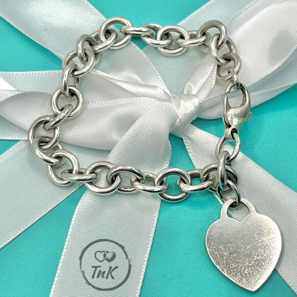 Tiffany & Co. Blank Heart Tag Charm Bracelet 8" Sterling Silver Round Link - Picture 8 of 14